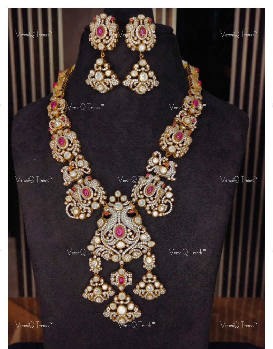 VeroniQ Trends-Victorian Bridal Polki And Ruby Mid Length Necklace With Peacock Motif 92.5 Silver Moissanite Diamond Polki-Ruby Stone-Gold Plated-Wedding Jewellery-Punjabi Jewellery-South Indian-Thappa Jewellery