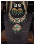 VeroniQ Trends-Victorian Bridal Polki And Emerald Necklace With Peacock Motif 92.5 Silver Moissanite Diamond Polki-Emerald Stone-Gold Plated-Wedding Jewelry-Punjabi Jewelry-South Indian-Thappa Jewelry