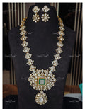 VeroniQ Trends-Victorian Bridal Polki And Emerald Long Pendant Necklace 92.5 Silver Moissanite Diamond Polki-Emerald Stone-Gold Plated-Wedding Jewelry-Punjabi Jewelry-South Indian-Thappa Jewelry