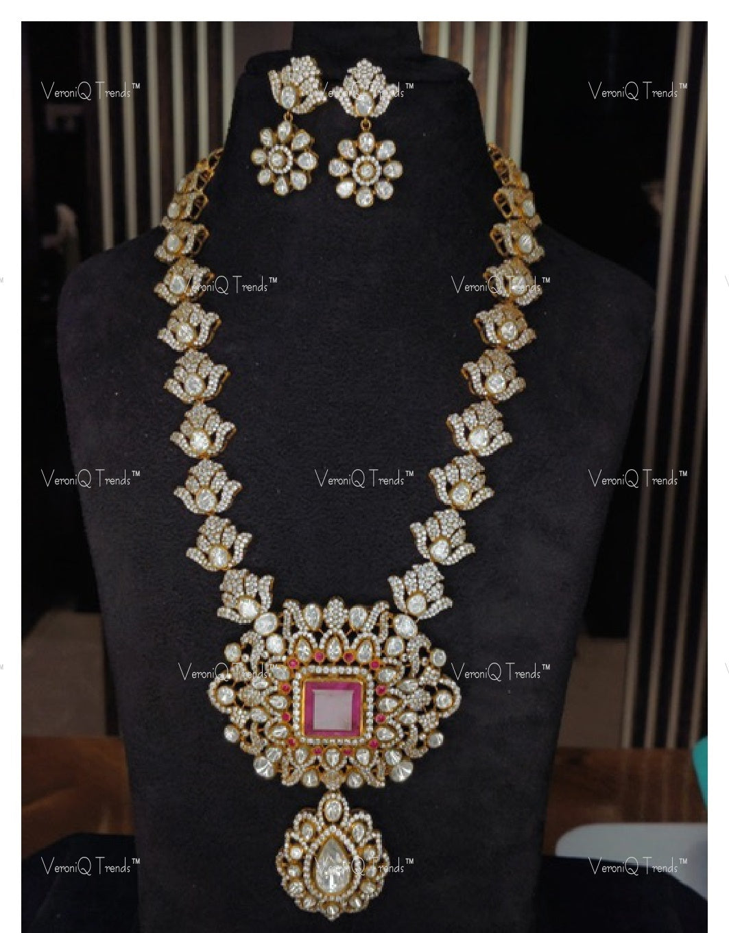 VeroniQ Trends-Victorian Bridal Polki And Ruby Long Pendant Necklace 92.5 Silver Moissanite Diamond Polki-Ruby Stone-Gold Plated-Wedding Jewelry-Punjabi Jewelry-South Indian-Thappa Jewelry