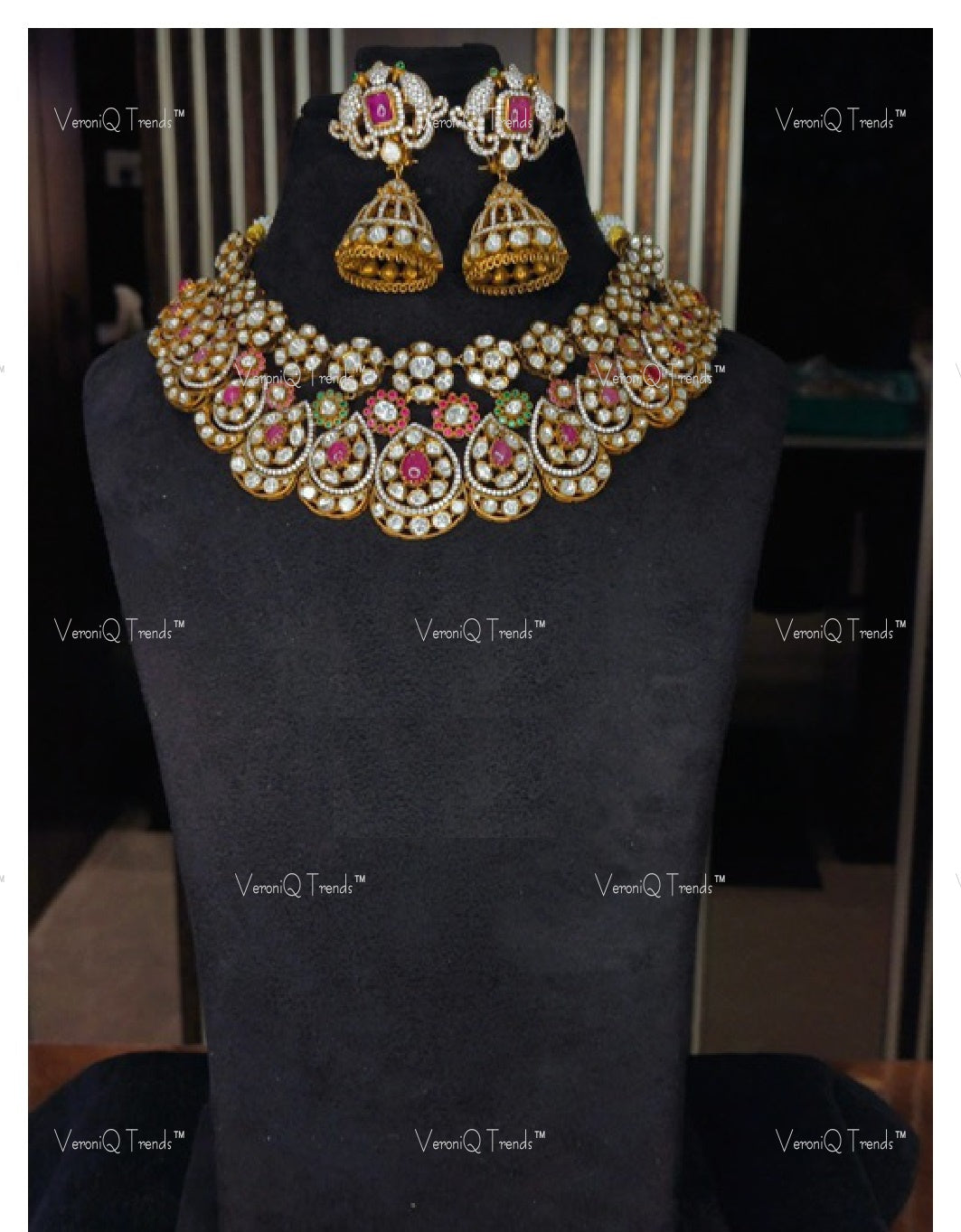 VeroniQ Trends-Victorian Bridal Polki And Ruby Choker Necklace With Bird Motif 92.5 Silver Moissanite Diamond Polki-Ruby Stone-Gold Plated-Wedding Jewellery-Punjabi Jewellery-South Indian-Thappa Jewellery