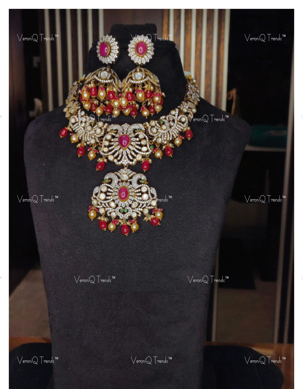 VeroniQ Trends-Victorian Bridal Polki And Ruby Choker Necklace With Peacock Motif 92.5 Silver Moissanite Diamond Polki-Ruby Stone-Gold Plated-Wedding Jewellery-Punjabi Jewellery-South Indian-Thappa Jewellery