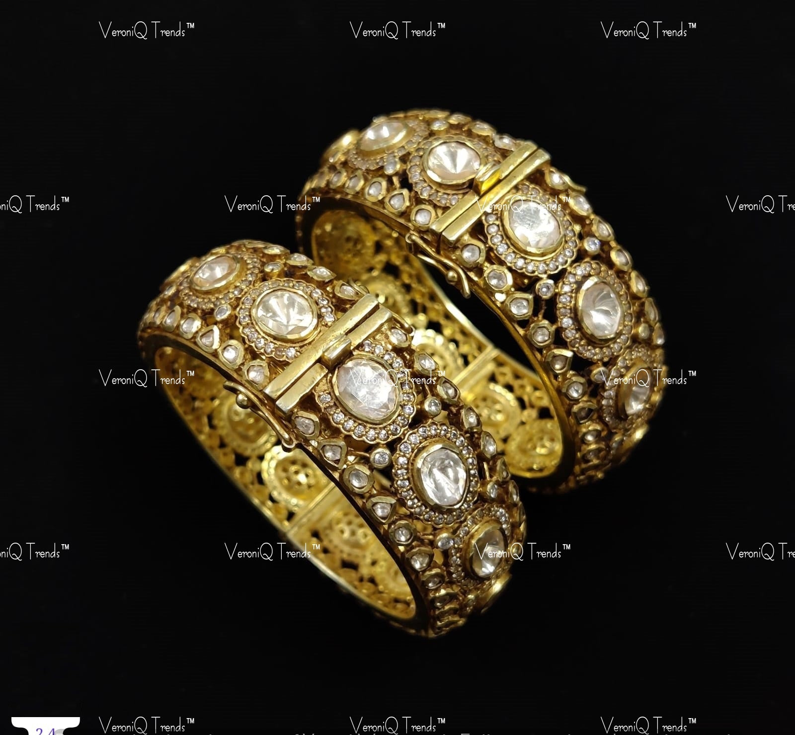 VeroniQ Trends-Victorian Polki Silver Bangles 92.5 Silver Moissanite Diamond Polki-Gold Plated-Wedding Jewellery-Punjabi Jewellery-South Indian-Thappa Jewellery