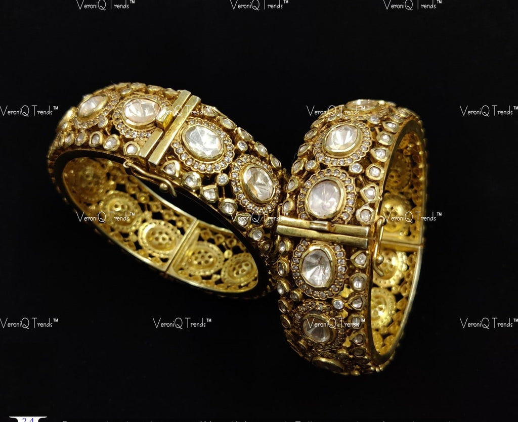 VeroniQ Trends-Victorian Polki Silver Bangles 92.5 Silver Moissanite Diamond Polki-Gold Plated-Wedding Jewellery-Punjabi Jewellery-South Indian-Thappa Jewellery