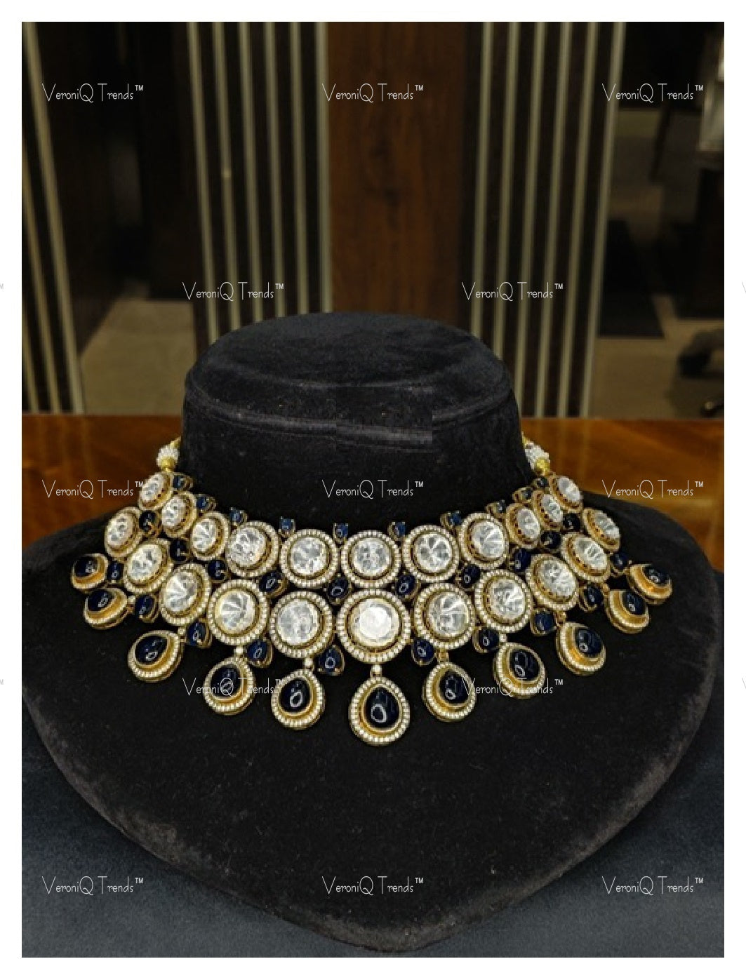 VeroniQ Trends-Victorian Bridal Polki And Onyx Drop Choker Necklace 92.5 Silver Moissanite Diamond Polki-Onyx Stone-Gold Plated-Wedding Jewelry-Punjabi Jewelry-South Indian-Thappa Jewelry
