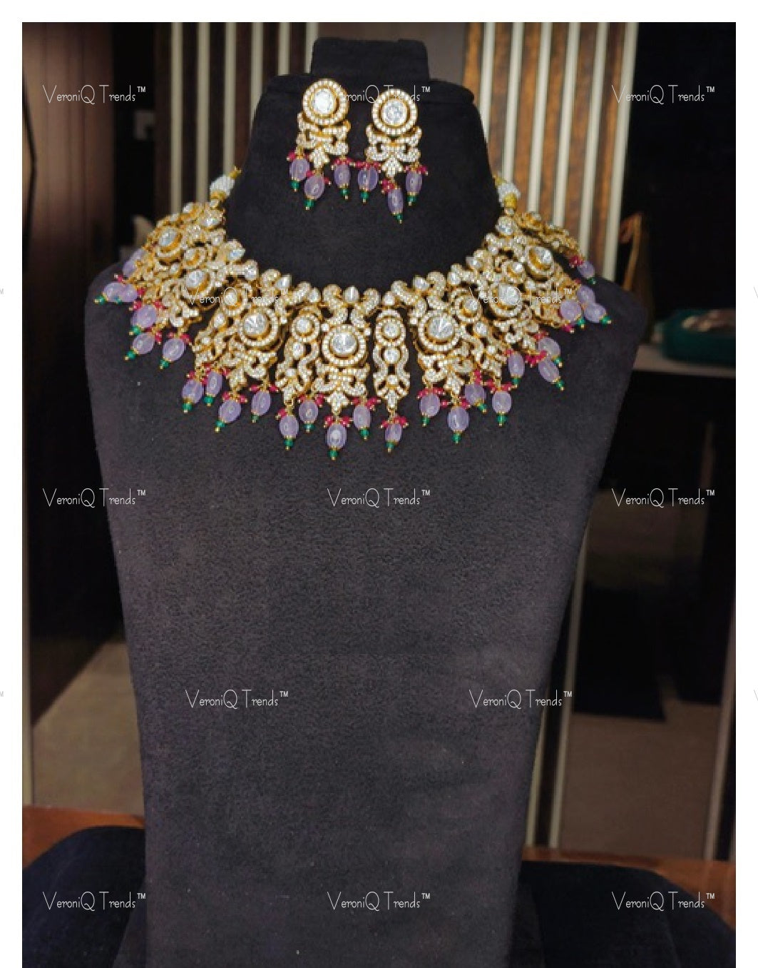 VeroniQ Trends-Victorian Bridal Polki Choker Necklace 92.5 Silver Moissanite Diamond Polki-Gold Plated-Wedding Jewelry-Punjabi Jewelry-South Indian-Thappa Jewelry