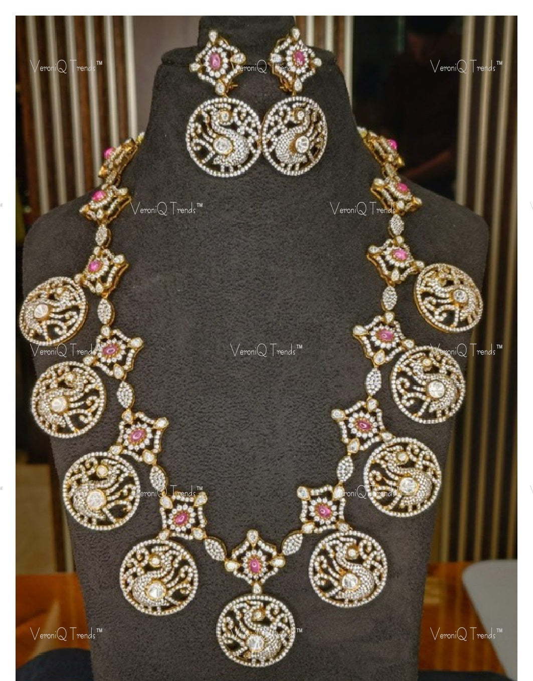 VeroniQ Trends-Victorian Bridal Polki And Ruby Long Necklace With Peacock Motif 92.5 Silver Moissanite Diamond Polki-Ruby Stone-Gold Plated-Wedding Jewellery-Punjabi Jewellery-South Indian-Thappa Jewellery