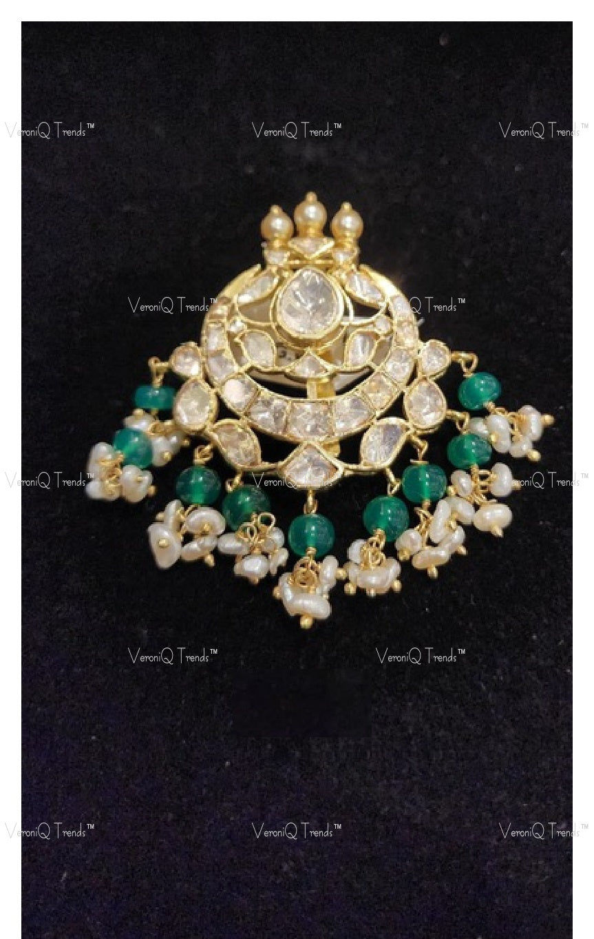 VeroniQ Trends-Victorian Chandbali Design Polki Silver Pendant With Emerald Green Beads 92.5 Silver Moissanite Diamond Polki-Gold Plated-Wedding Jewelry-Punjabi Jewelry-South Indian-Thappa Jewelry