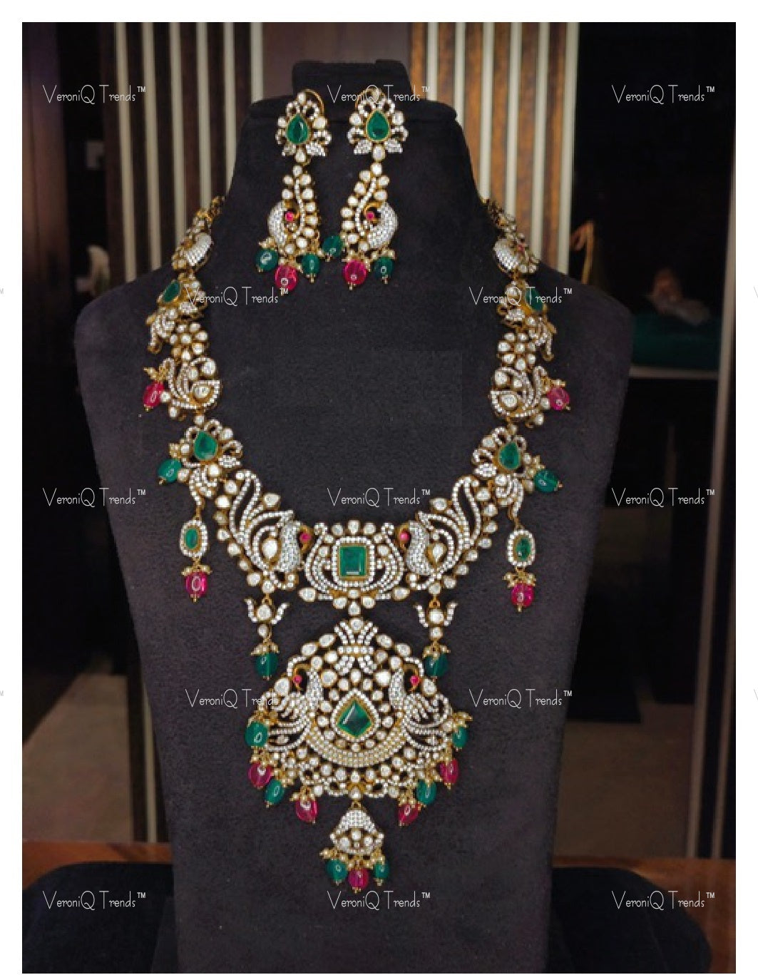 VeroniQ Trends-Victorian Bridal Polki And Emerald Necklace With Peacock Motif 92.5 Silver Moissanite Diamond Polki-Emerald Stone-Gold Plated-Wedding Jewelry-Punjabi Jewelry-South Indian-Thappa Jewelry