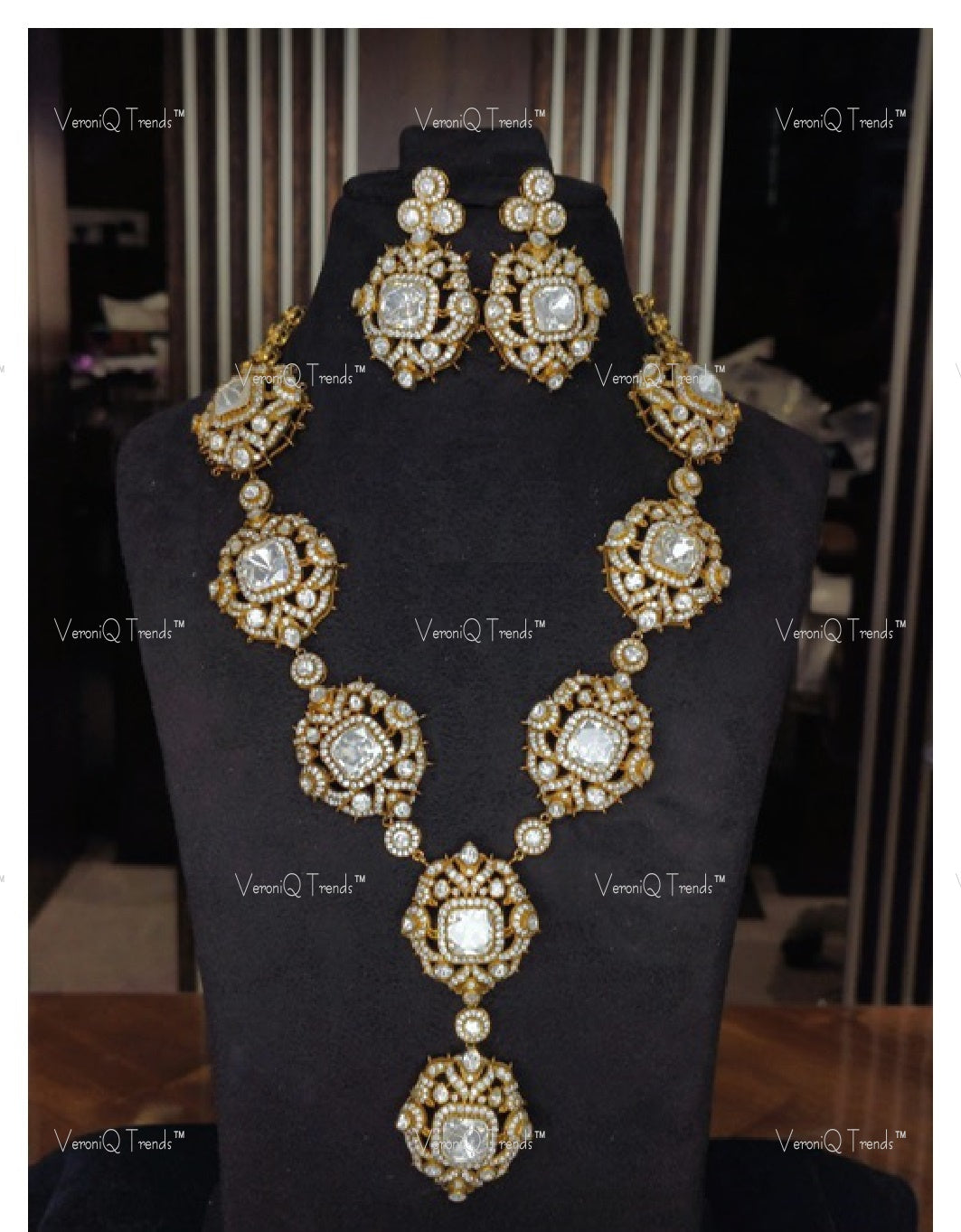 VeroniQ Trends-Victorian Bridal Polki Mid Length Necklace 92.5 Silver Moissanite Diamond Polki-Gold Plated-Wedding Jewellery-Punjabi Jewellery-South Indian-Thappa Jewellery