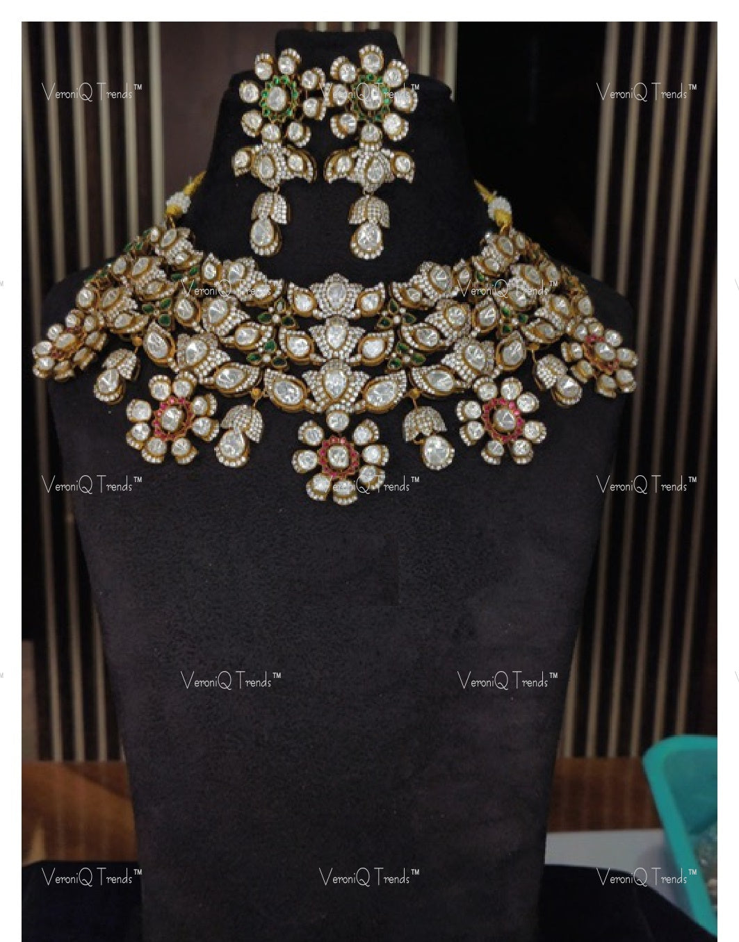 VeroniQ Trends-Victorian Bridal Polki Choker Necklace 92.5 Silver Moissanite Diamond Polki-Gold Plated-Wedding Jewelry-Punjabi Jewelry-South Indian-Thappa Jewelry