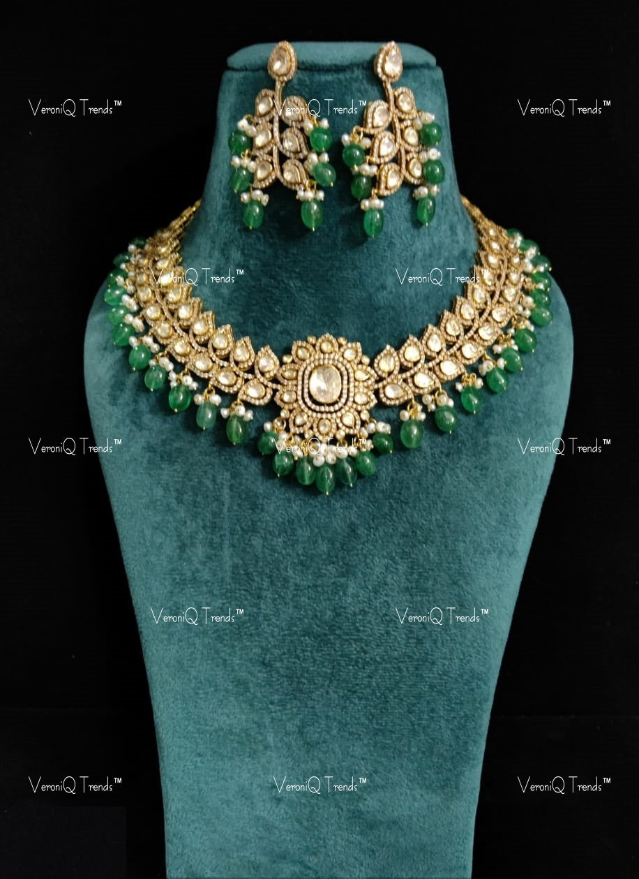 VeroniQ Trends-Victorian Polki Silver Necklace With Green Beads 92.5 Silver Moissanite Diamond Polki-Ruby Stone-Gold Plated-Wedding Jewellery-Punjabi Jewellery-South Indian-Thappa Jewellery