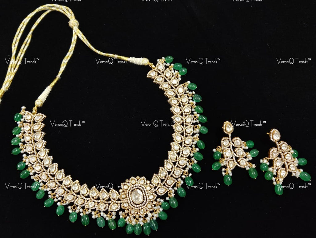 VeroniQ Trends-Victorian Polki Silver Necklace With Green Beads 92.5 Silver Moissanite Diamond Polki-Ruby Stone-Gold Plated-Wedding Jewellery-Punjabi Jewellery-South Indian-Thappa Jewellery