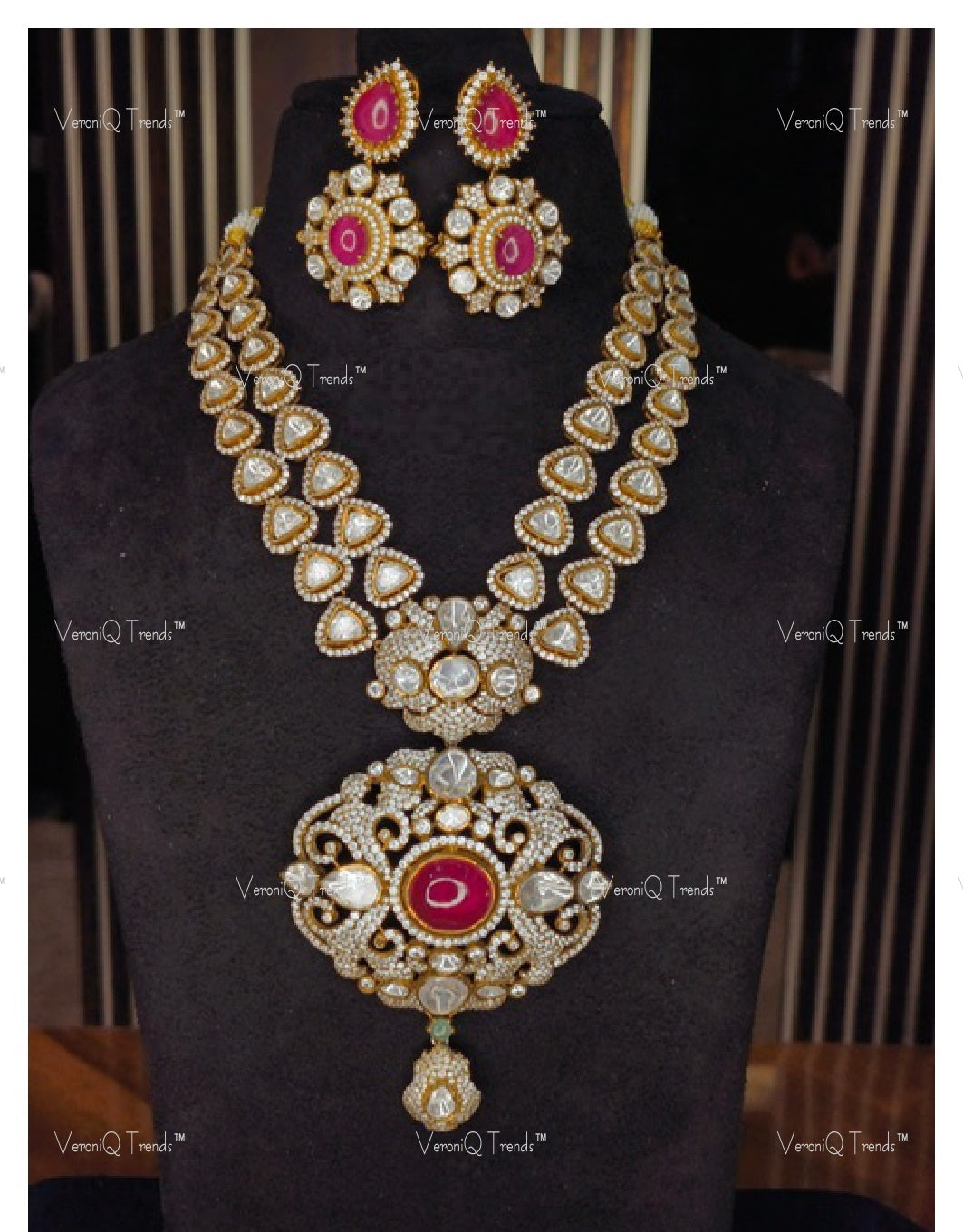 VeroniQ Trends-Victorian Bridal Double Line Ruby And Polki Mid Length Necklace 92.5 Silver Moissanite Diamond Polki-Ruby Stone-Gold Plated-Wedding Jewellery-Punjabi Jewellery-South Indian-Thappa Jewellery