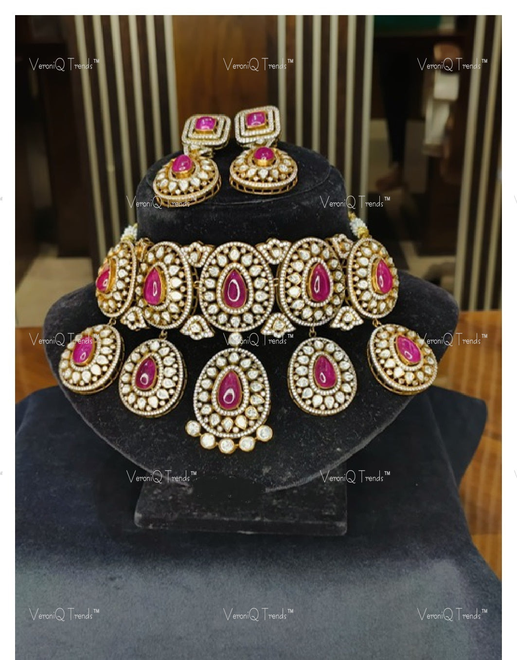 VeroniQ Trends-Victorian Bridal Ruby And Polki Chokar Necklace 92.5 Silver Moissanite Diamond Polki-Ruby Stone-Gold Plated-Wedding Jewellery-Punjabi Jewellery-South Indian-Thappa Jewellery