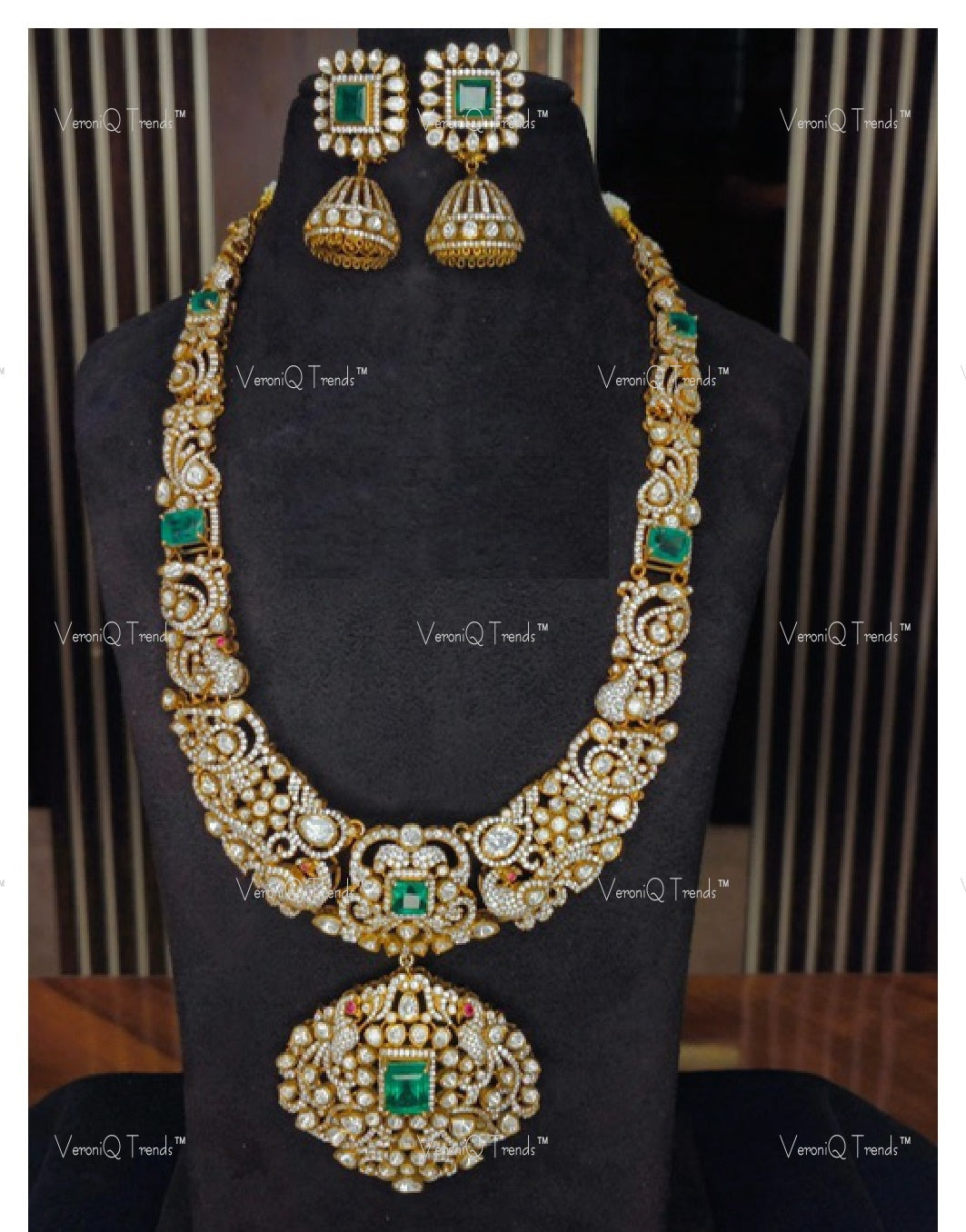 VeroniQ Trends-Victorian Bridal Emerald And Polki Long Necklace With Peacock Motif 92.5 Silver Moissanite Diamond Polki-Emerald Stone-Gold Plated-Wedding Jewellery-Punjabi Jewellery-South Indian-Thappa Jewellery