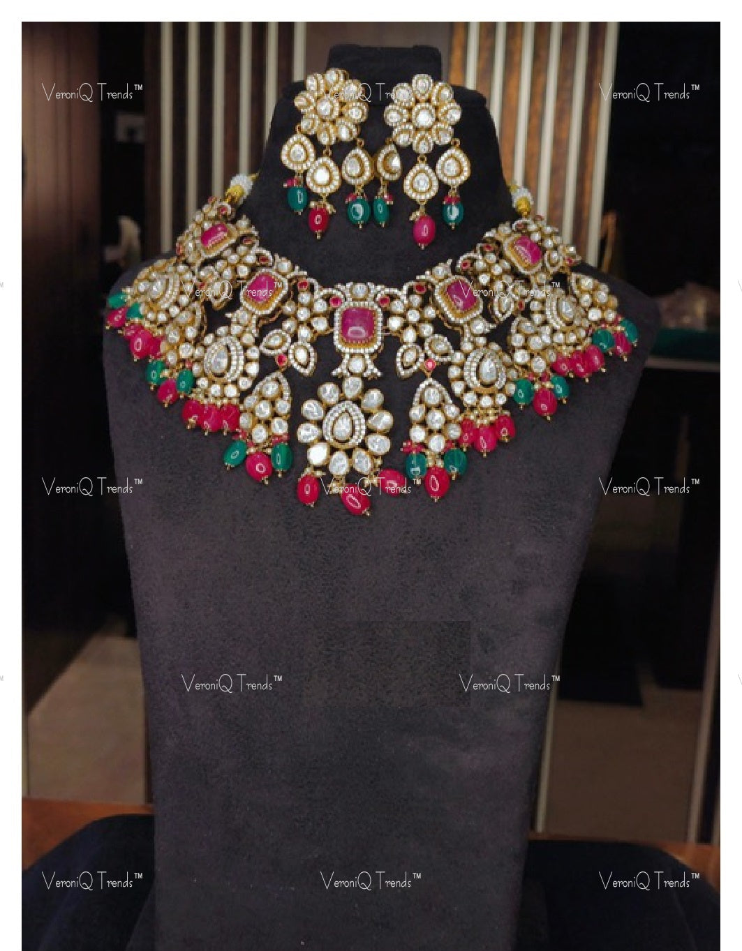 VeroniQ Trends-Victorian Bridal Ruby And Polki Necklace 92.5 Silver Moissanite Diamond Polki-Ruby Stone-Gold Plated-Wedding Jewellery-Punjabi Jewellery-South Indian-Thappa Jewellery
