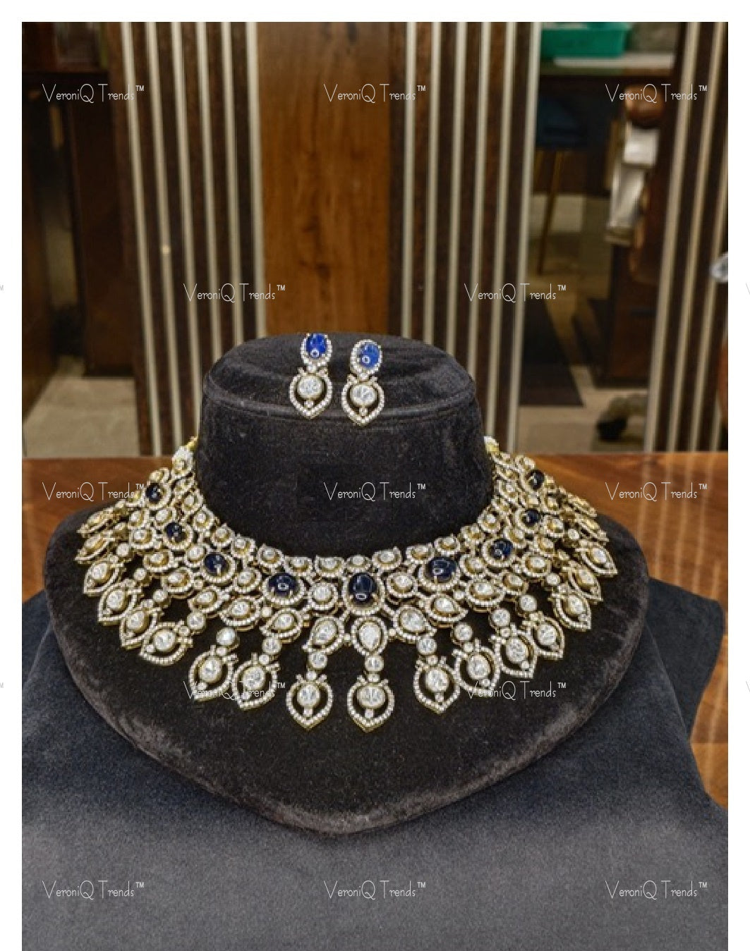 VeroniQ Trends-Victorian Bridal Polki Sapphire Stone Chokar Necklace 92.5 Silver Moissanite Diamond Polki-Sapphire Stone-Gold Plated-Wedding Jewellery-Punjabi Jewellery-South Indian-Thappa Jewellery