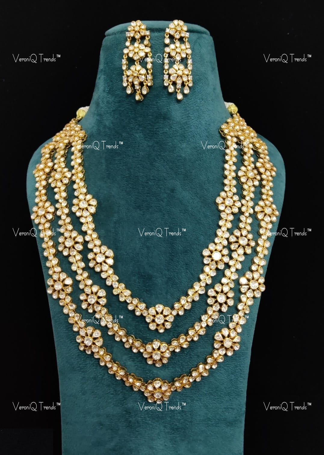 VeroniQ Trends-Multi-Line Floral Victorian Polki Silver Long Necklace 92.5 Silver Moissanite Diamond Polki-Gold Plated-Wedding Jewellery-Punjabi Jewellery-South Indian-Thappa Jewellery