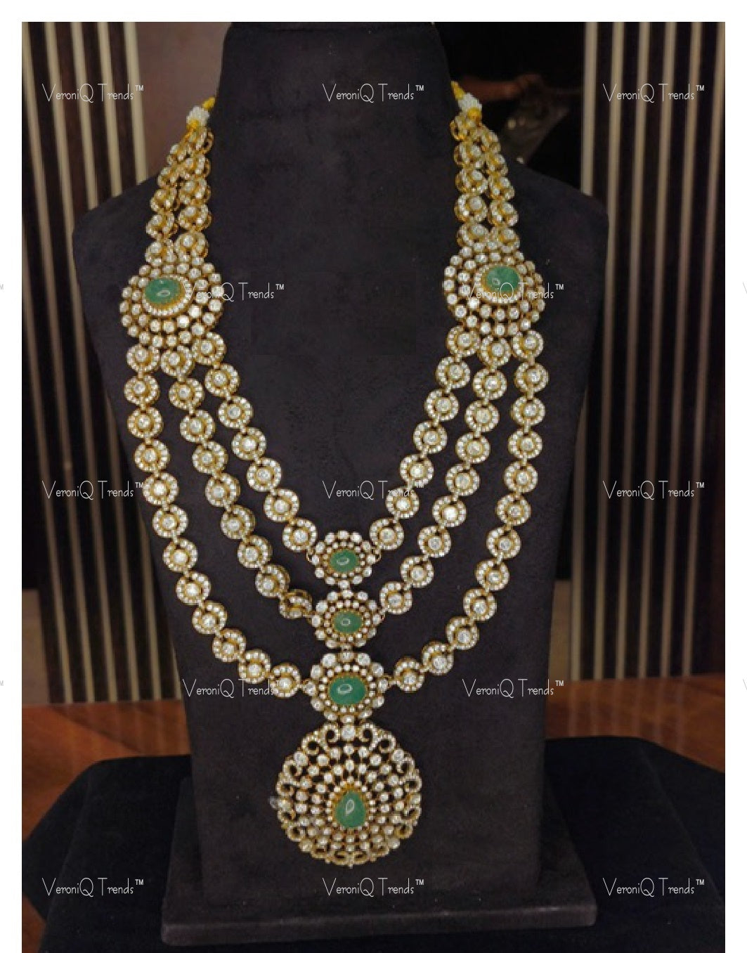 VeroniQ Trends-Victorian Bridal Multilayer Emerald And Polki Long Necklace 92.5 Silver Moissanite Diamond Polki-Emerald Stone-Gold Plated-Wedding Jewellery-Punjabi Jewellery-South Indian-Thappa Jewellery
