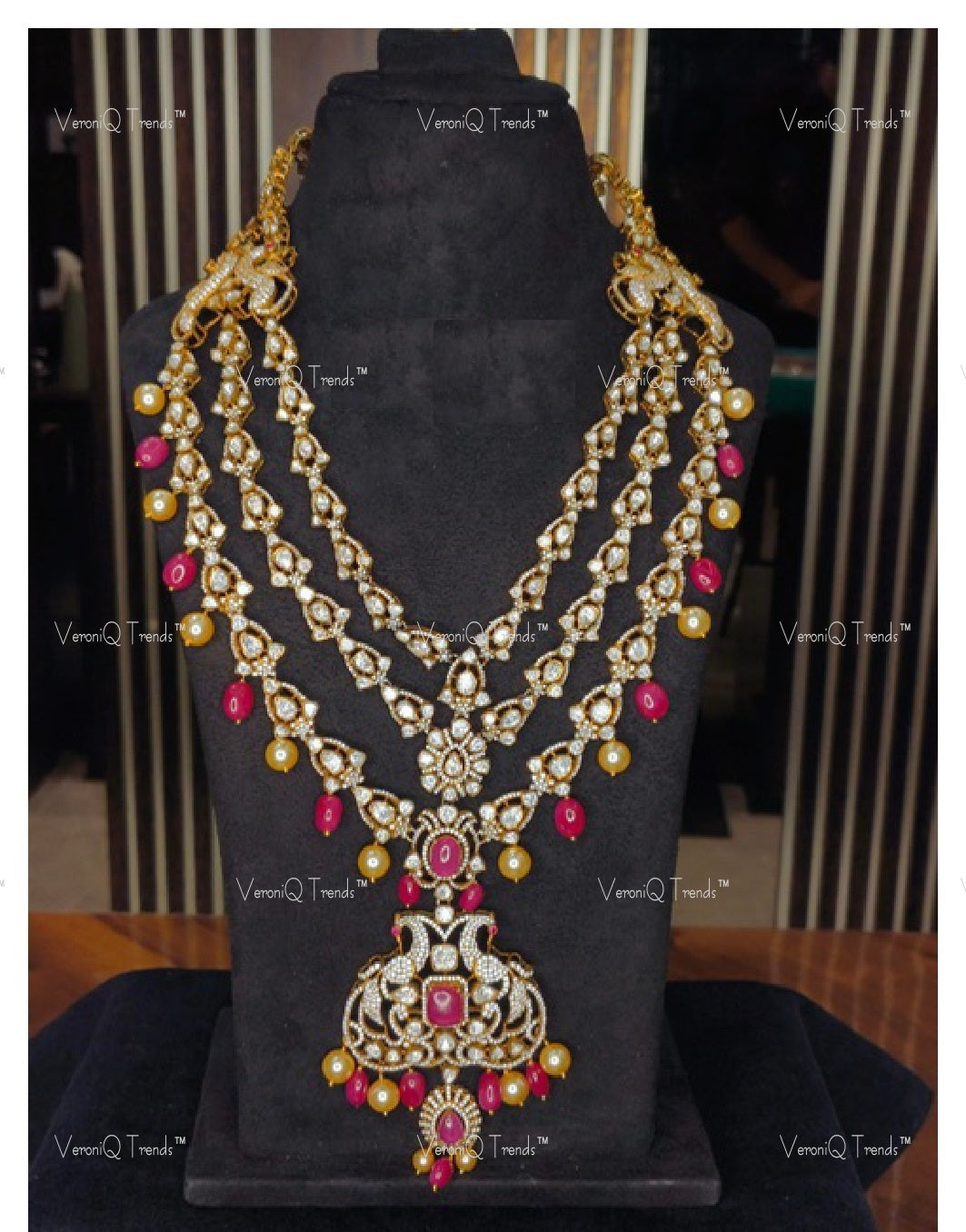 VeroniQ Trends-Victorian Bridal Polki Long Necklace With Peacock Motif 92.5 Silver Moissanite Diamond Polki-Gold Plated-Wedding Jewelry-Punjabi Jewelry-South Indian-Thappa Jewelry