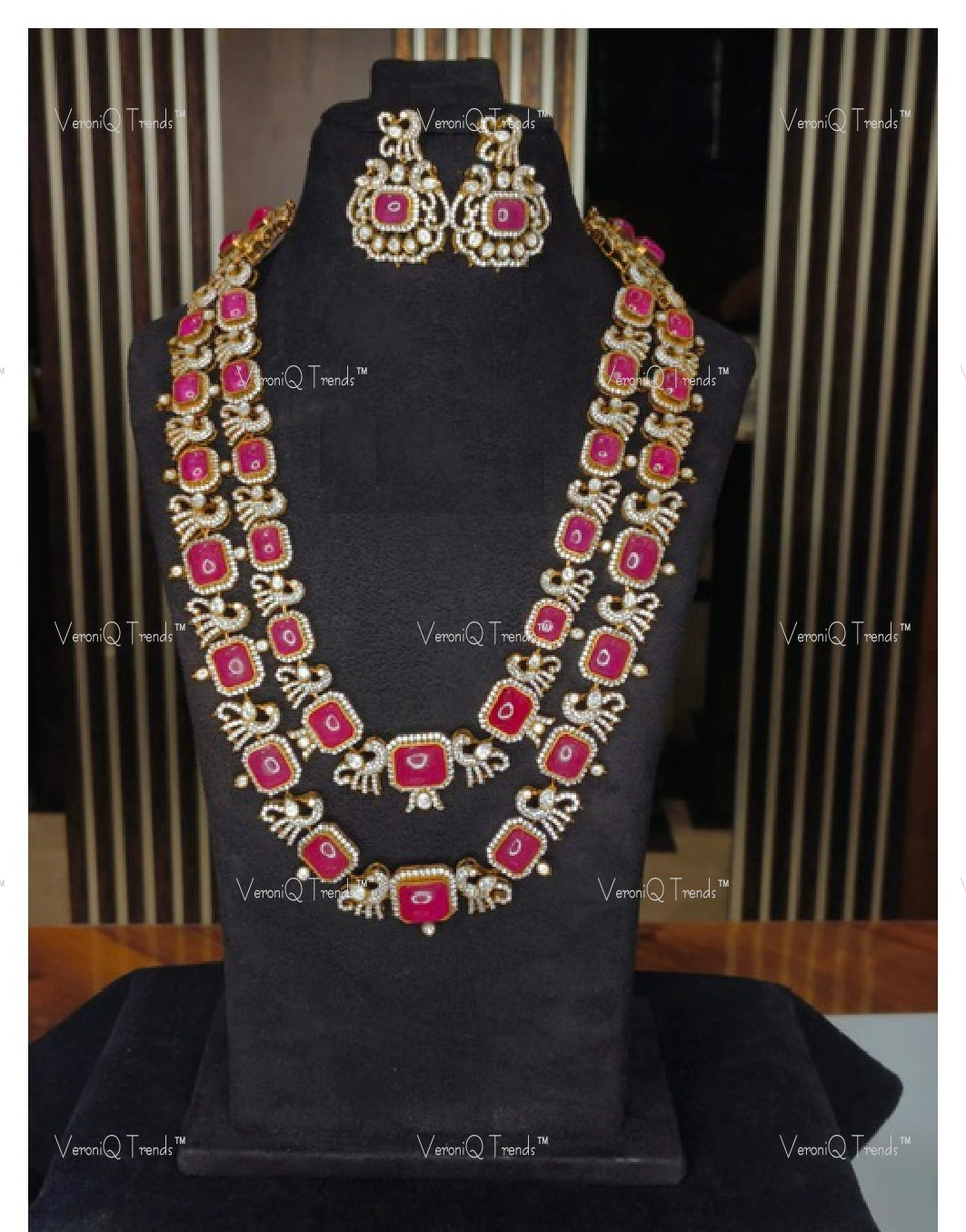 VeroniQ Trends-Victorian Bridal Double Line Ruby And Polki Necklace With Motif 92.5 Silver Moissanite Diamond Polki-Ruby Stone-Gold Plated-Wedding Jewellery-Punjabi Jewellery-South Indian-Thappa Jewellery (Copy)