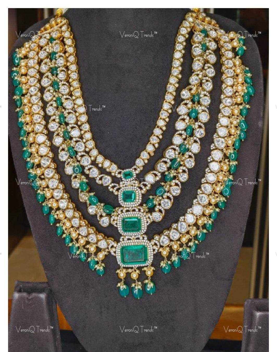 VeroniQ Trends-Victorian Bridal Multilayer Polki and Emerald Necklace 92.5 Silver Moissanite Diamond Polki-Emerald Stone-Gold Plated-Wedding Jewellery-Punjabi Jewellery-South Indian-Thappa Jewellery