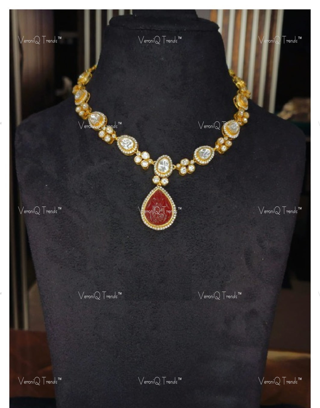 VeroniQ Trends-Victorian Carved Ruby Pendant Necklace 92.5 Silver Moissanite Diamond Polki-Gold Plated-Wedding Jewellery-Punjabi Jewellery-South Indian-Thappa Jewellery