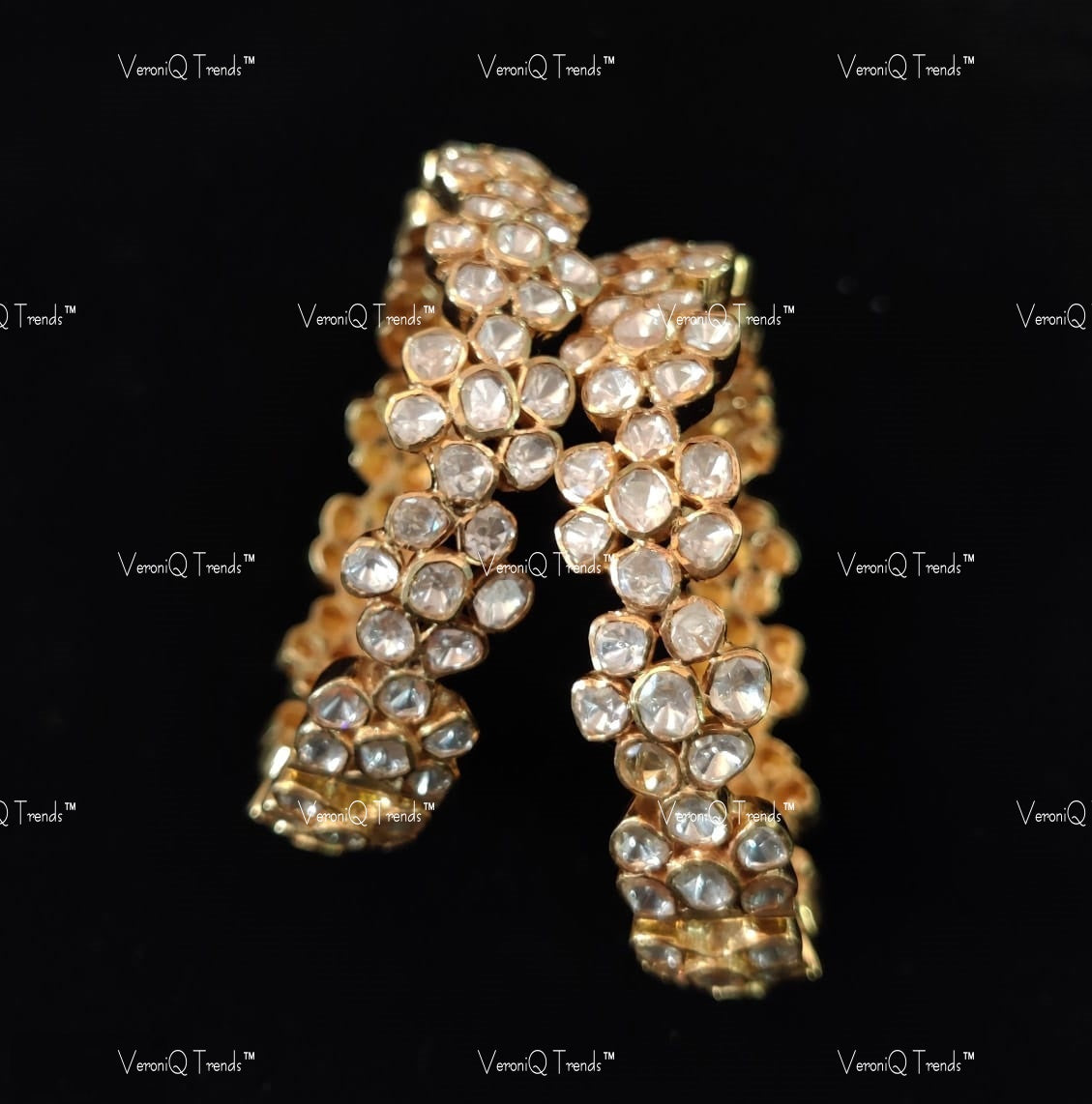 VeroniQ Trends-Victorian Floral Look Silver Bangles 92.5 Silver Moissanite Diamond Polki-Gold Plated-Wedding Jewellery-Punjabi Jewellery-South Indian-Thappa Jewellery