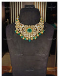 VeroniQ Trends-Victorian Bridal Emerald and Polki Choker Necklace 92.5 Silver Moissanite Diamond Polki-Emerald Stone-Gold Plated-Wedding Jewellery-Punjabi Jewellery-South Indian-Thappa Jewellery