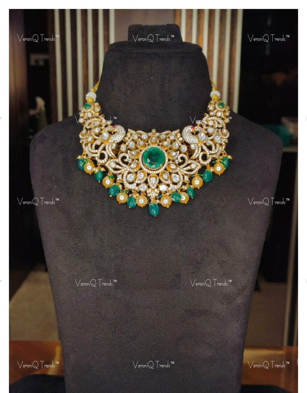 VeroniQ Trends-Victorian Bridal Emerald and Polki Choker Necklace 92.5 Silver Moissanite Diamond Polki-Emerald Stone-Gold Plated-Wedding Jewellery-Punjabi Jewellery-South Indian-Thappa Jewellery