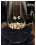 VeroniQ Trends-Victorian Bridal Ruby and Polki Choker Necklace 92.5 Silver Moissanite Diamond Polki-Ruby Stone-Gold Plated-Wedding Jewellery-Punjabi Jewellery-South Indian-Thappa Jewellery