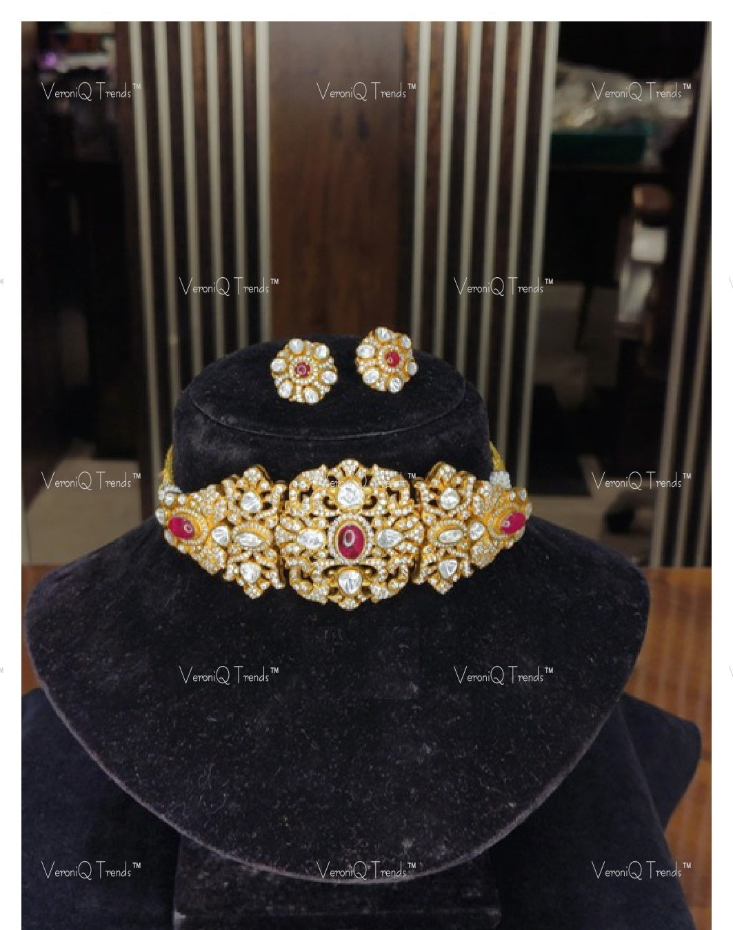 VeroniQ Trends-Victorian Bridal Ruby and Polki Choker Necklace 92.5 Silver Moissanite Diamond Polki-Ruby Stone-Gold Plated-Wedding Jewellery-Punjabi Jewellery-South Indian-Thappa Jewellery
