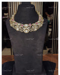 VeroniQ Trends-Victorian Bridal Ruby and Polki Choker Necklace 92.5 Silver Moissanite Diamond Polki-Ruby Stone-Gold Plated-Wedding Jewellery-Punjabi Jewellery-South Indian-Thappa Jewellery