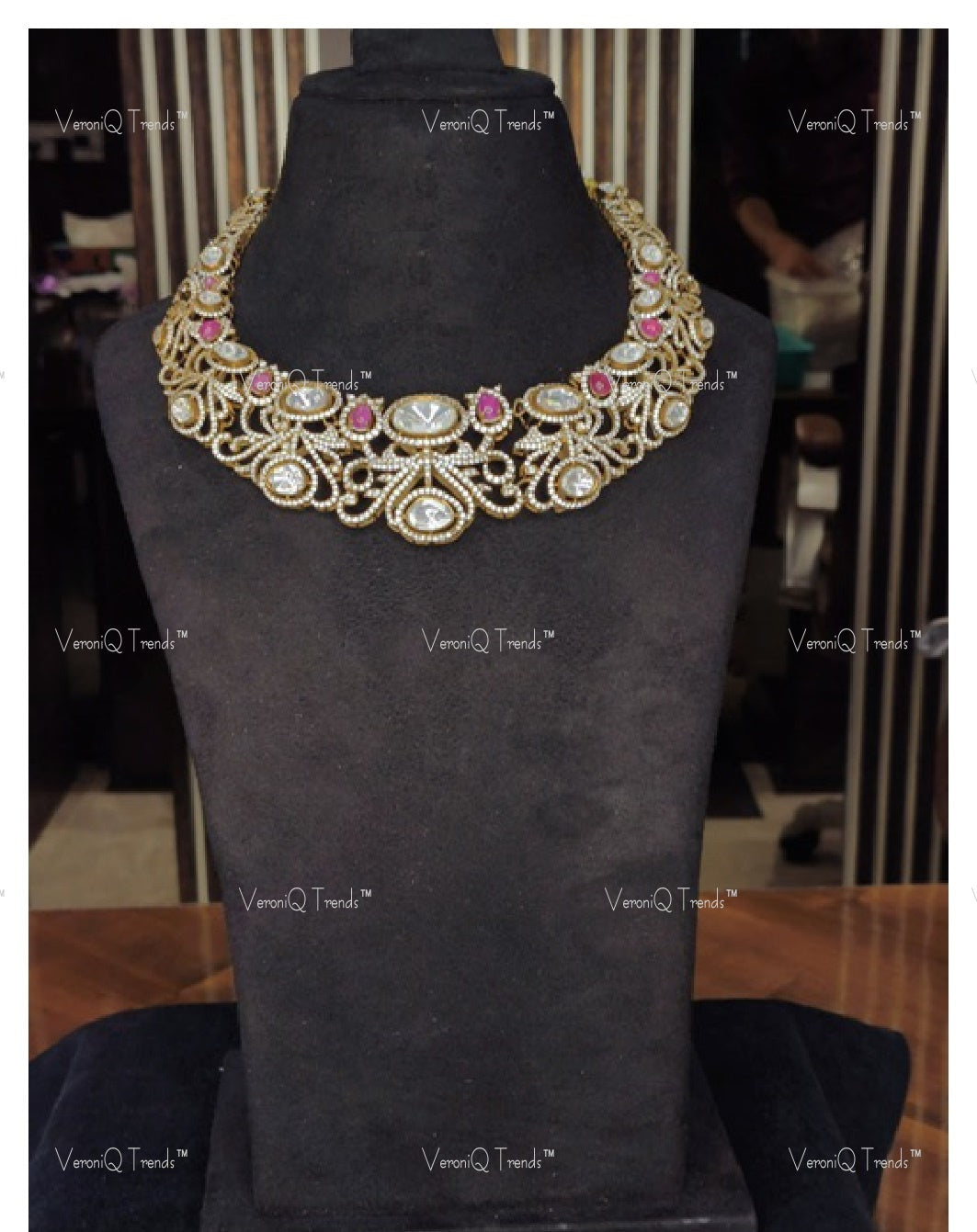 VeroniQ Trends-Victorian Bridal Ruby and Polki Choker Necklace 92.5 Silver Moissanite Diamond Polki-Ruby Stone-Gold Plated-Wedding Jewellery-Punjabi Jewellery-South Indian-Thappa Jewellery