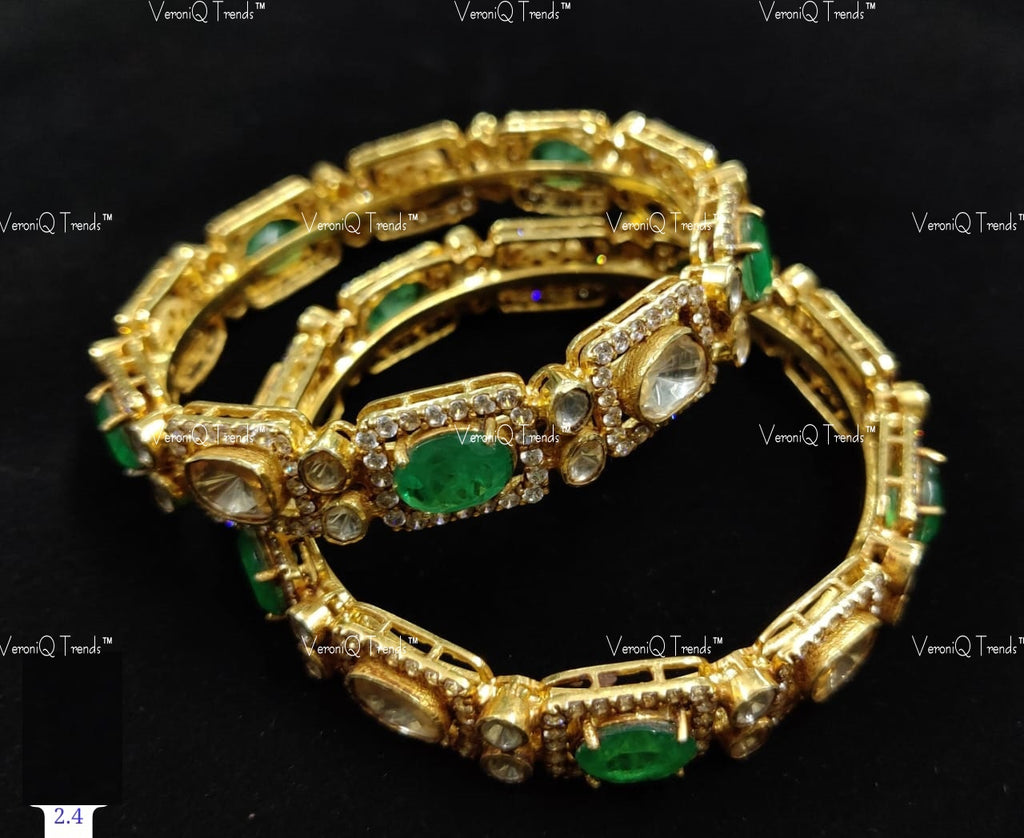 VeroniQ Trends-Victorian Gold Plated Emerald And Polki Silver Bangles 92.5 Silver Moissanite Diamond Polki-Emerald Stone-Gold Plated-Wedding Jewellery-Punjabi Jewellery-South Indian-Thappa Jewellery