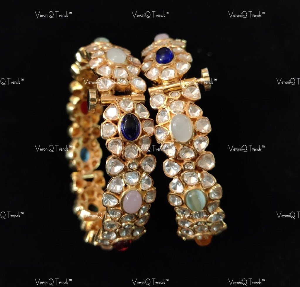 VeroniQ Trends-Victorian Gold Plated Navratan Polki Silver Bangles 92.5 Silver Moissanite Diamond Polki-Gold Plated-Wedding Jewellery-Punjabi Jewellery-South Indian-Thappa Jewellery