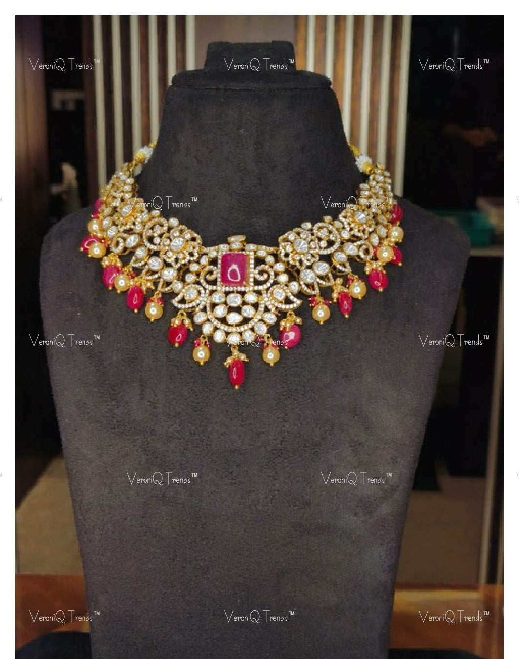 VeroniQ Trends-Victorian Bridal Ruby and Polki Necklace 92.5 Silver Moissanite Diamond Polki-Ruby Stone-Gold Plated-Wedding Jewellery-Punjabi Jewellery-South Indian-Thappa Jewellery