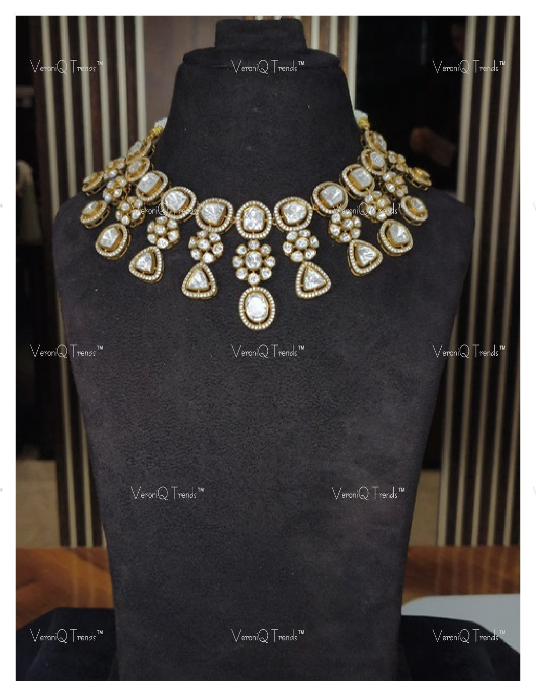 VeroniQ Trends-Victorian Bridal Polki Drops Choker Necklace 92.5 Silver Moissanite Diamond Polki-Gold Plated-Wedding Jewelry-Punjabi Jewelry-South Indian-Thappa Jewelry