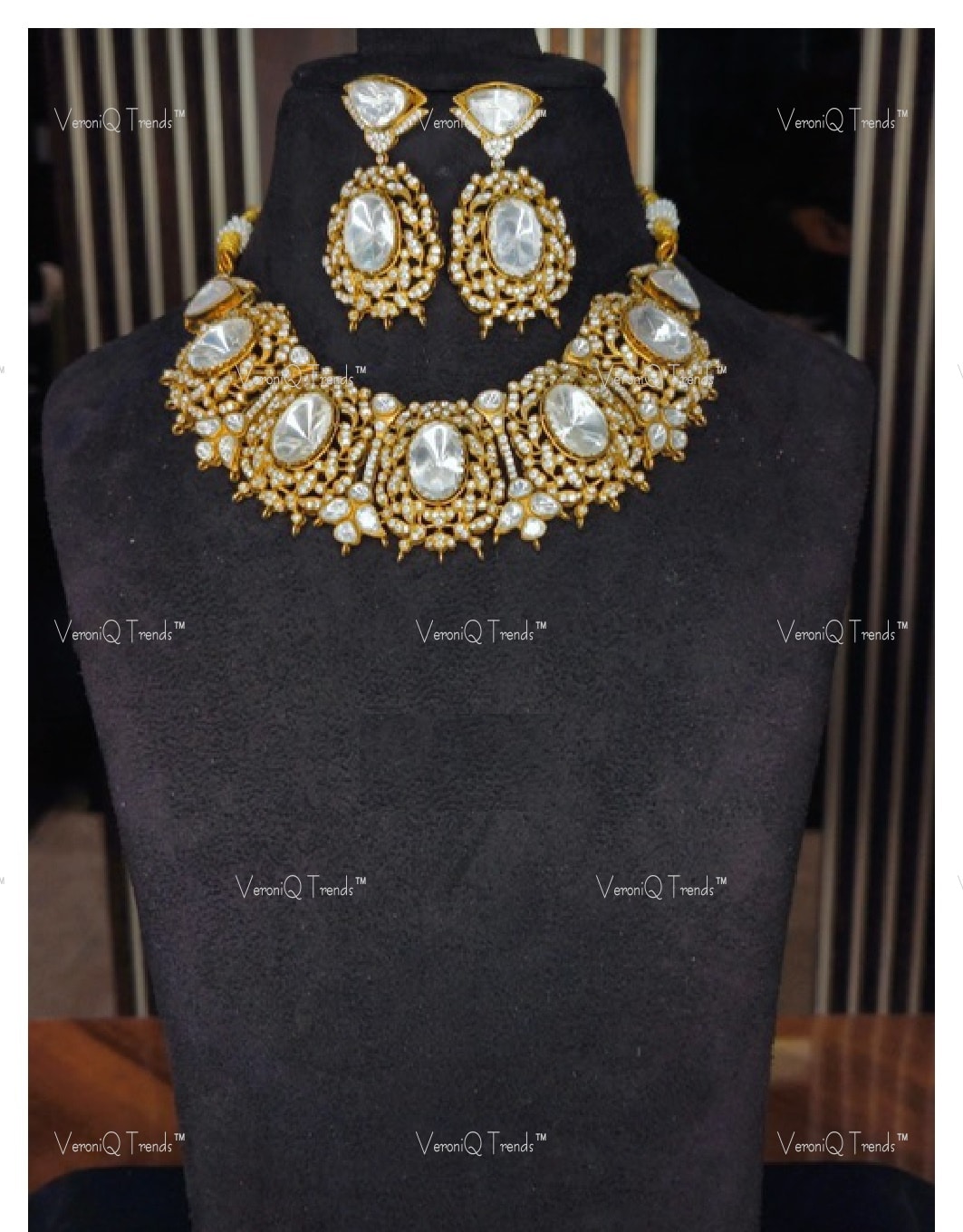 VeroniQ Trends-Victorian Bridal Necklace 92.5 Silver Moissanite Diamond Polki-Gold Plated-Wedding Jewellery-Cocktail Party-South Indian-Thappa