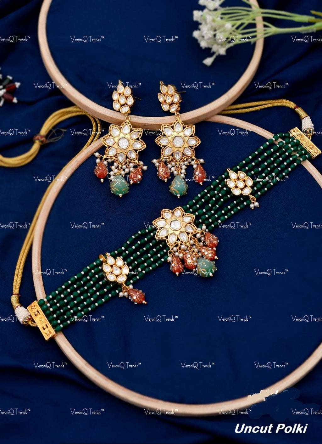 VeroniQ Trends-Multistrand Moissanite Polki Kundan Choker Necklace In With Drop Earrings-Indian Jewellery-Thappa Jewellery-South Indian Jewellery-SY