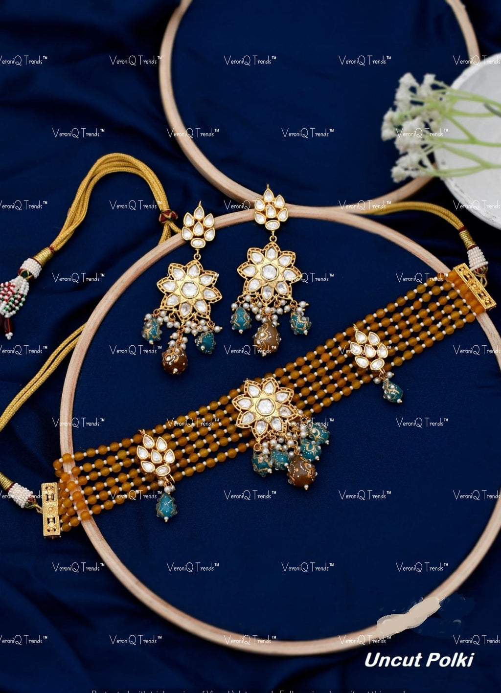 VeroniQ Trends-Multistrand Moissanite Polki Kundan Choker Necklace In With Drop Earrings-Indian Jewellery-Thappa Jewellery-South Indian Jewellery-SY