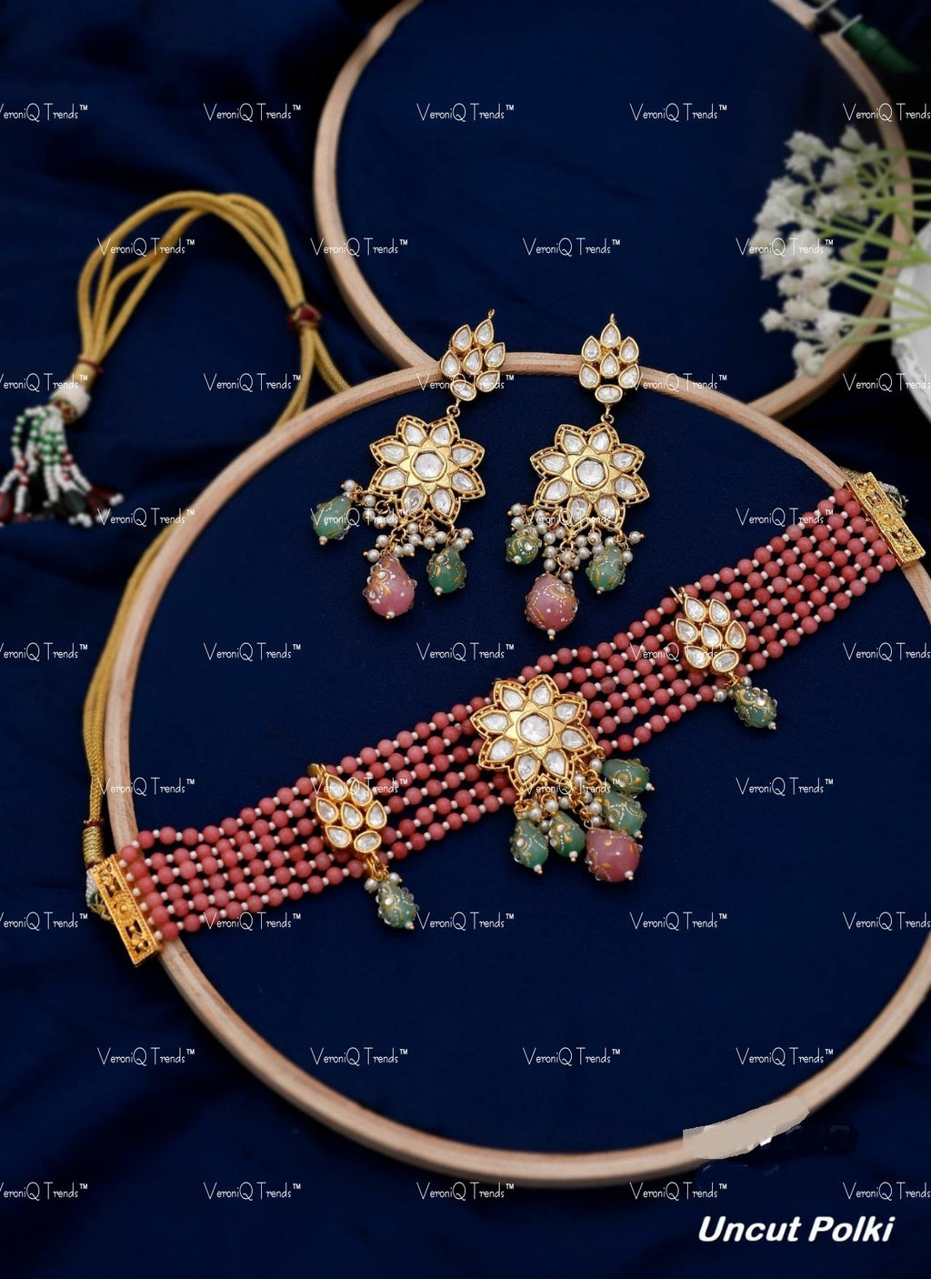 VeroniQ Trends-Multistrand Moissanite Polki Kundan Choker Necklace In With Drop Earrings-Indian Jewellery-Thappa Jewellery-South Indian Jewellery-SY