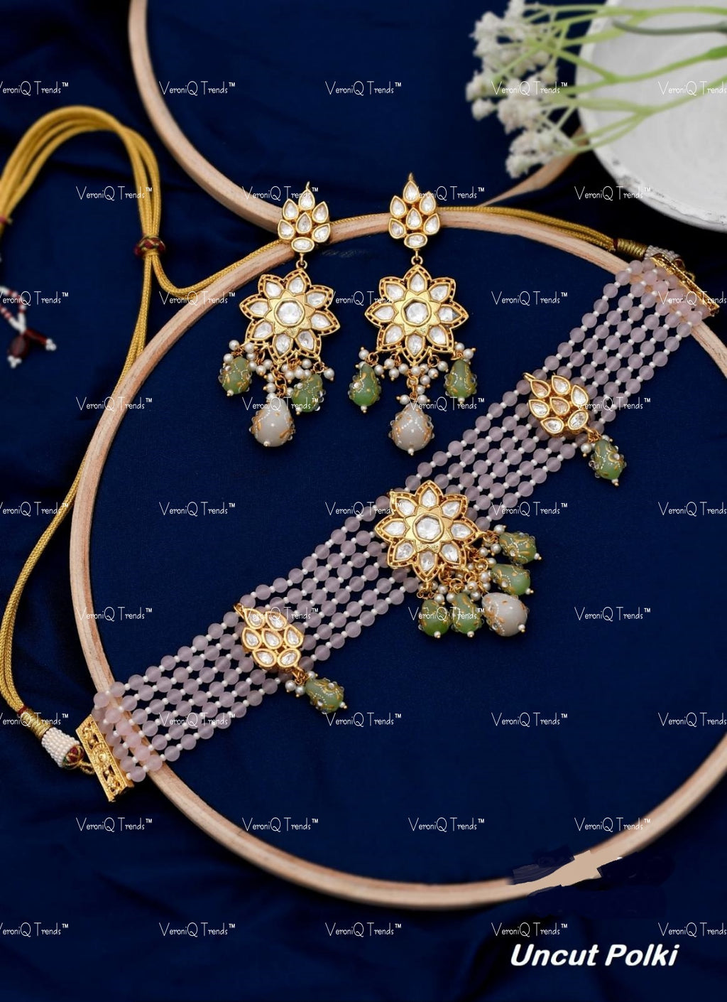 VeroniQ Trends-Multistrand Moissanite Polki Kundan Choker Necklace In With Drop Earrings-Indian Jewellery-Thappa Jewellery-South Indian Jewellery-SY