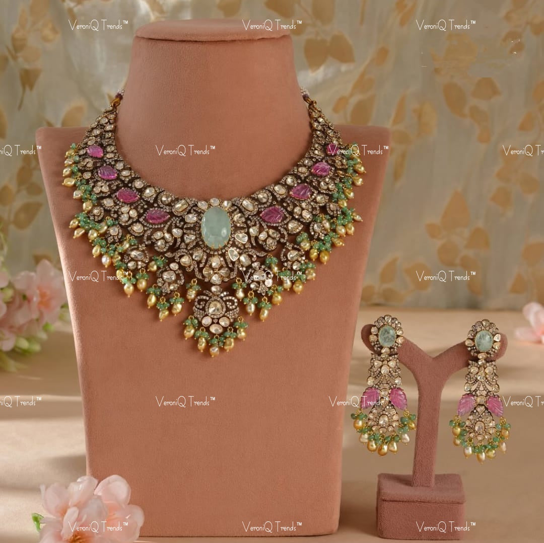 VeroniQ Trends-Victorian Bridal Ruby and Polki Silver Necklace Set 92.5 Silver Moissanite Diamond Polki-Ruby Stone-Gold Plated-Wedding Jewelry-Punjabi Jewelry-South Indian-Thappa Jewelry