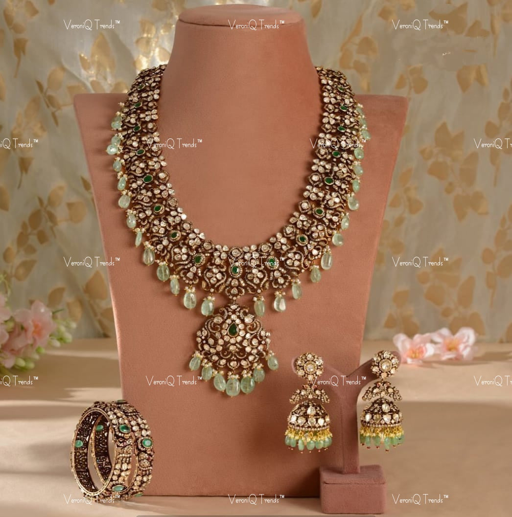 VeroniQ Trends-Victorian Bridal Emerald and Polki Mid Length Silver Necklace With Peacock Motif Set 92.5 Silver Moissanite Diamond Polki-Emerald Stone-Gold Plated-Wedding Jewellery-Punjabi Jewellery-South Indian-Thappa Jewellery