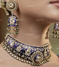 VeroniQ Trends-Victorian Blue Meenakari Hasli Silver Moissanite Choker Necklace With Jhumki Earrings 92.5 Silver Mossianite Diamond Polki-Gold Plated-Wedding Jewellery-Punjabi Jewellery-South Indian-Thappa Jewellery