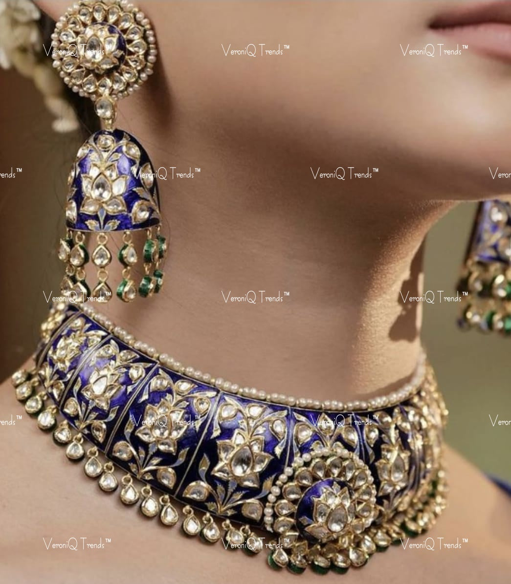 VeroniQ Trends-Victorian Blue Meenakari Hasli Silver Moissanite Choker Necklace With Jhumki Earrings 92.5 Silver Mossianite Diamond Polki-Gold Plated-Wedding Jewellery-Punjabi Jewellery-South Indian-Thappa Jewellery