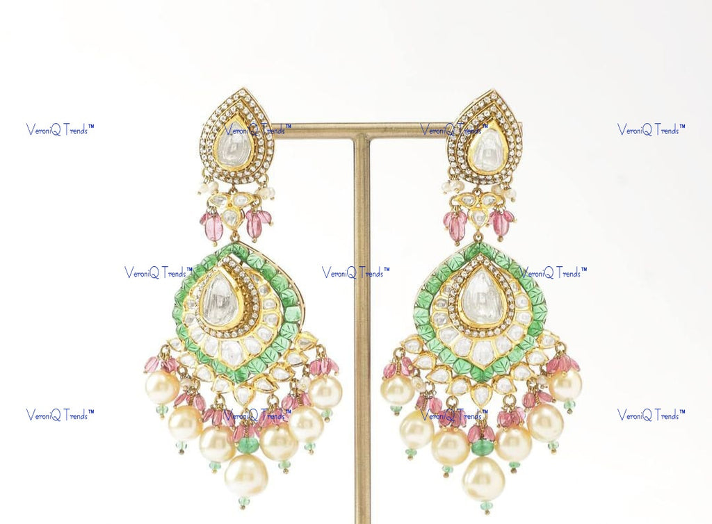 VeroniQ Trends-Victorian Bridal Double Line Pearl and Polki Silver Chandbali Choker Necklace Set 92.5 Silver Moissanite Diamond Polki-Emerald Stone-Fresh Water Pearl-Gold Plated-Wedding Jewellery-Punjabi Jewellery-South Indian-Thappa Jewellery
