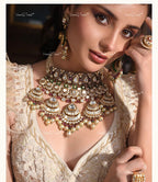 VeroniQ Trends-Victorian Bridal Double Line Pearl and Polki Silver Chandbali Choker Necklace Set 92.5 Silver Moissanite Diamond Polki-Emerald Stone-Fresh Water Pearl-Gold Plated-Wedding Jewelry-Punjabi Jewelry-South Indian-Thappa Jewelry